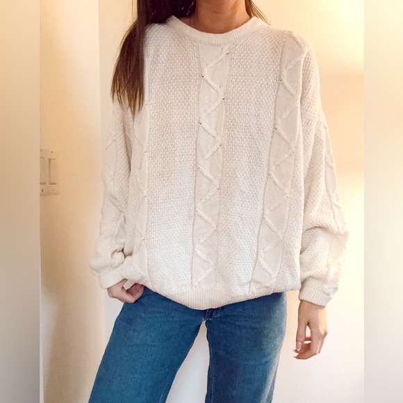 Vintage-inspired Sweaters - Vintage | Ivory Cream Cable Knit Sweater - L